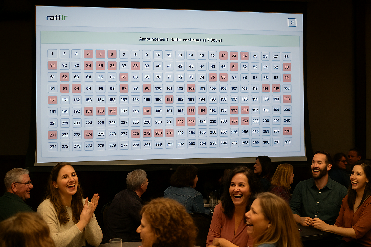 Excited crowd at live raffle drawing event showing engagement and transparency